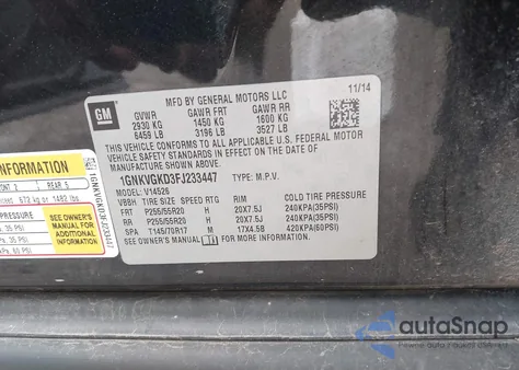 2015 Chevrolet Traverse 1Lt z USA, uszkodzony, nr VIN 1GNKVGKD3FJ233447